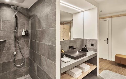 Separate tub and shower, hair dryer, towels, soap