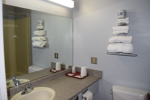 Combined shower/tub, hair dryer, towels