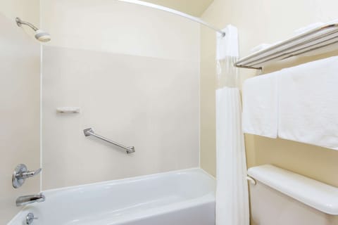 Combined shower/tub, free toiletries, hair dryer, towels