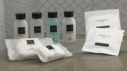 Eco-friendly toiletries, hair dryer, towels