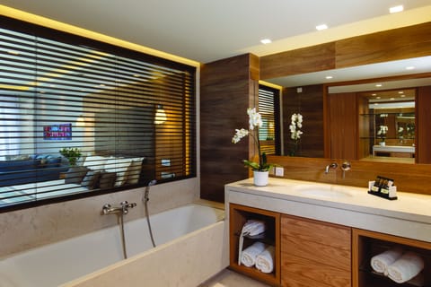 Junior Suite Beach Front Swim up Sea View | Bathroom | Free toiletries, hair dryer, bathrobes, slippers