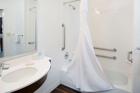 Combined shower/tub, free toiletries, hair dryer, towels