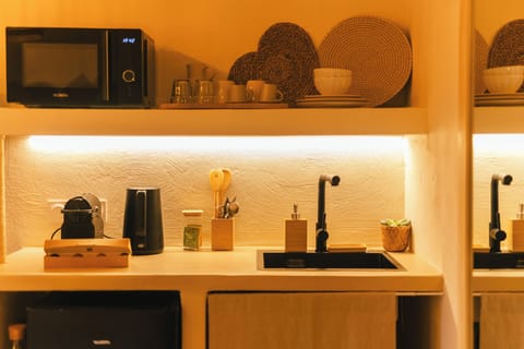 Family Studio | Private kitchen | Fridge, microwave, cookware/dishes/utensils