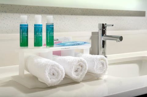 Hair dryer, towels, soap, shampoo