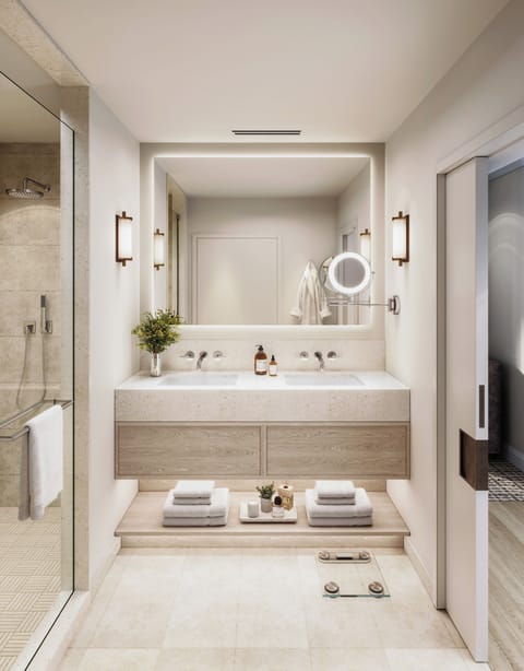 Shower, hair dryer, slippers, towels