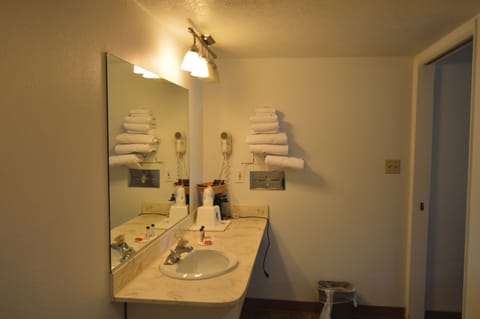 Combined shower/tub, deep soaking tub, free toiletries, hair dryer