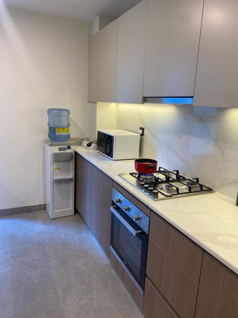 Full-size fridge, microwave, oven, cookware/dishes/utensils