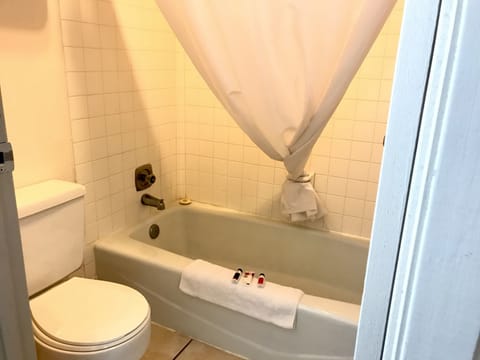 Combined shower/tub, hair dryer, towels, soap