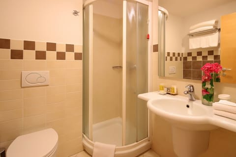 Combined shower/tub, free toiletries, hair dryer, bathrobes