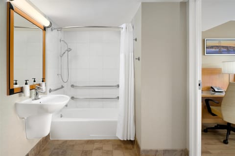 One Queen Deluxe Access - No Resort Fee | Bathroom | Combined shower/tub, designer toiletries, hair dryer, towels