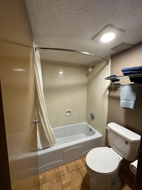 Combined shower/tub, free toiletries, towels