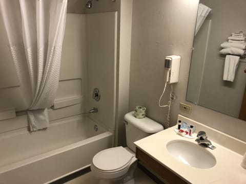 Combined shower/tub, free toiletries, hair dryer, towels