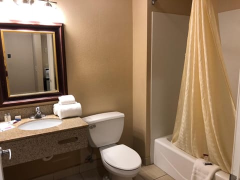 Combined shower/tub, free toiletries, hair dryer, towels