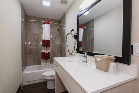 Combined shower/tub, free toiletries, hair dryer, towels