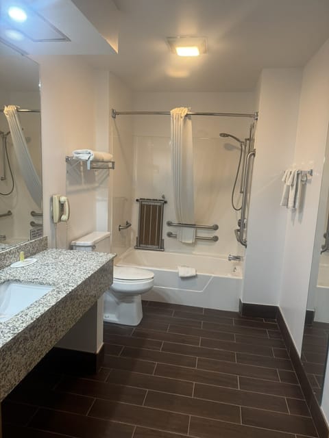 Combined shower/tub, free toiletries, hair dryer, towels