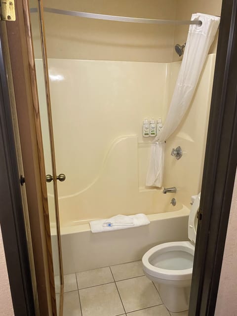 Combined shower/tub, free toiletries, towels
