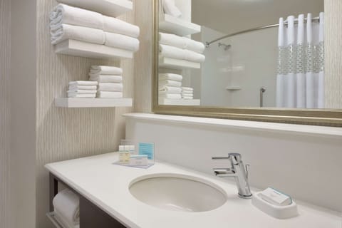 Combined shower/tub, free toiletries, towels