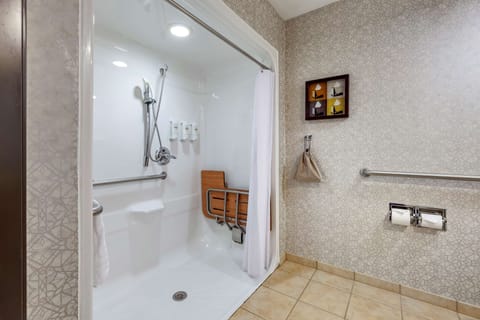 Combined shower/tub, free toiletries, hair dryer, towels