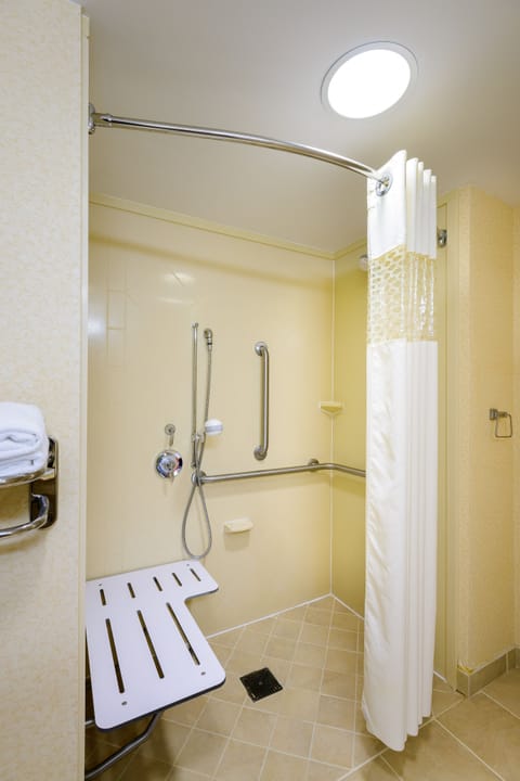 Combined shower/tub, free toiletries, hair dryer, towels