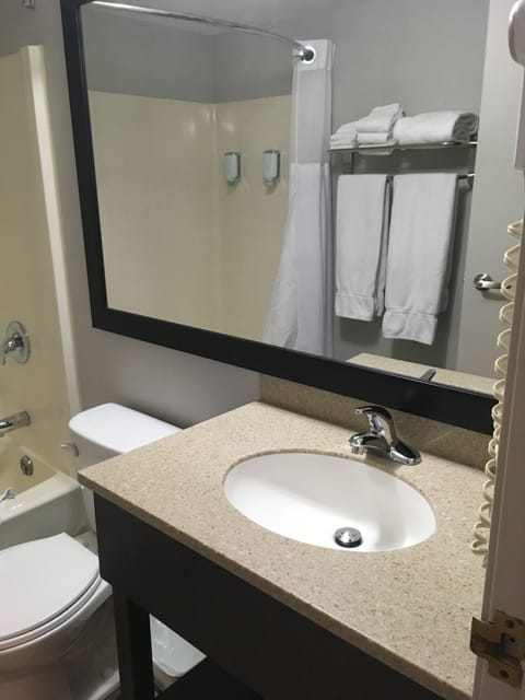 Combined shower/tub, free toiletries, hair dryer, towels