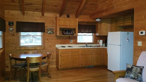 Deluxe Cabin, 1 Bedroom, Kitchenette, Lake View | Private kitchenette | Full-size fridge, microwave, stovetop, coffee/tea maker