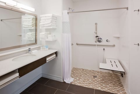 Studio, 1 King Bed, Accessible, Non Smoking (Roll In Shower) | Bathroom | Combined shower/tub, hair dryer, towels