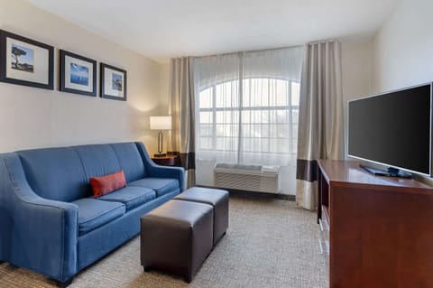 Suite, 1 King Bed, Non Smoking | Desk, laptop workspace, blackout drapes, iron/ironing board