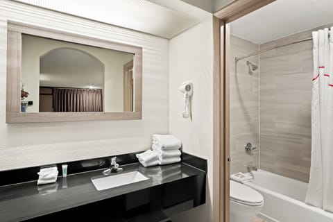 Combined shower/tub, hair dryer, towels