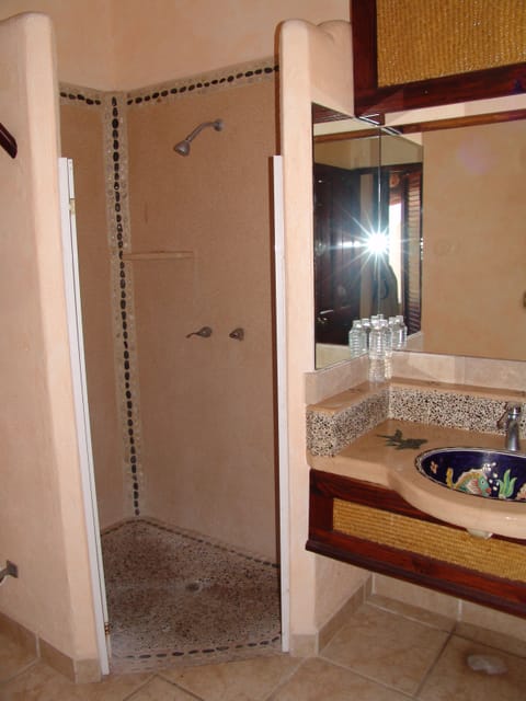 Separate tub and shower, jetted tub, free toiletries, hair dryer