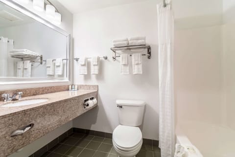 Combined shower/tub, free toiletries, hair dryer, towels