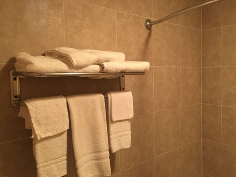 Combined shower/tub, free toiletries, towels