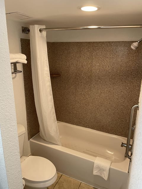 Combined shower/tub, free toiletries, hair dryer, towels