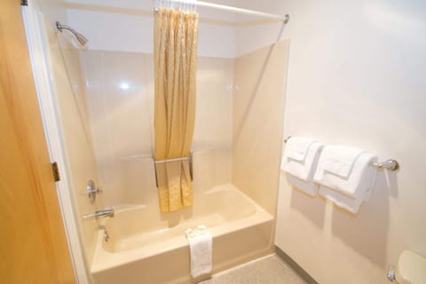 Combined shower/tub, free toiletries, towels