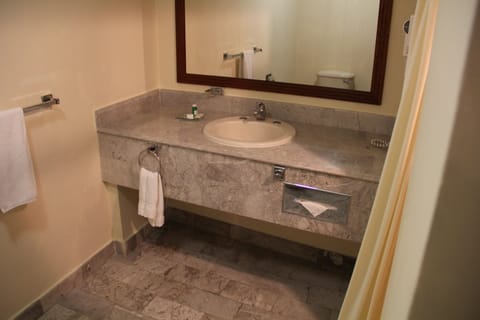 Shower, rainfall showerhead, free toiletries, hair dryer