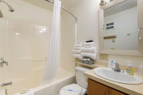 Combined shower/tub, free toiletries, hair dryer, towels