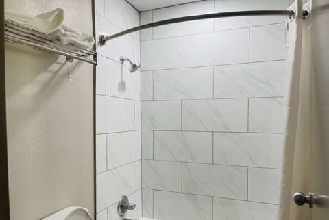 Combined shower/tub, free toiletries, hair dryer, towels