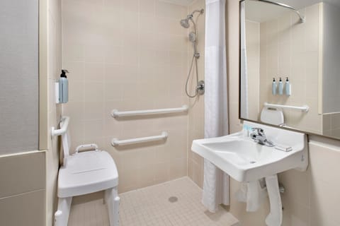 Combined shower/tub, free toiletries, hair dryer, towels