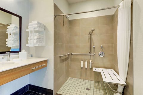 Studio, 1 King Bed, Accessible (Roll-In Shower) | Bathroom | Combined shower/tub, free toiletries, towels