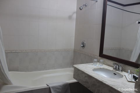 Combined shower/tub, free toiletries, hair dryer, towels