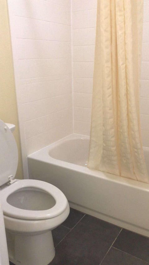Combined shower/tub, deep soaking tub, free toiletries, hair dryer