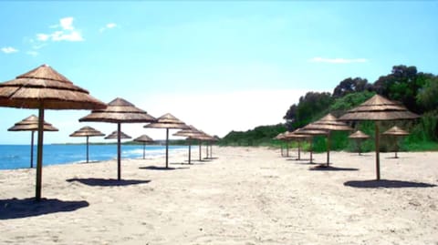 On the beach, sun loungers, beach umbrellas, beach towels