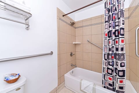 Combined shower/tub, free toiletries, hair dryer, towels