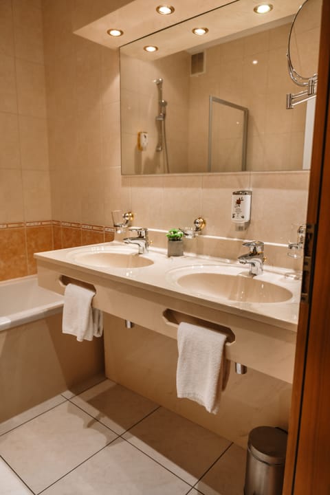 Hair dryer, bathrobes, slippers, towels