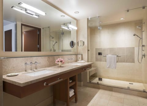 Separate tub and shower, deep soaking tub, designer toiletries