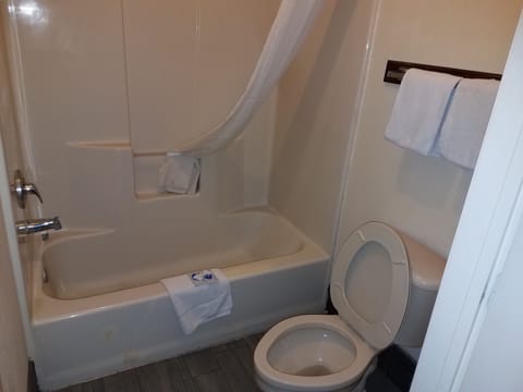 Combined shower/tub, free toiletries, hair dryer, towels