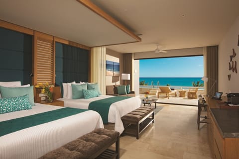 Preferred Club Junior Suite Swim Out Ocean View - Two Queen Beds | Premium bedding, in-room safe, desk, laptop workspace