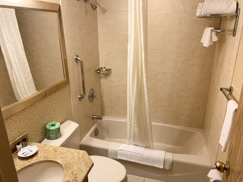 Combined shower/tub, hair dryer, towels