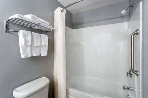 Combined shower/tub, free toiletries, hair dryer, towels