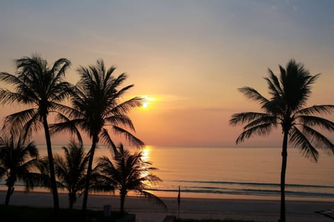 On the beach, sun loungers