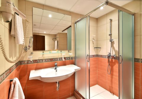 Separate tub and shower, free toiletries, hair dryer, bathrobes